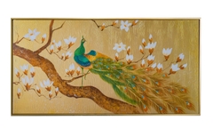 TRANH CHIM CÔNG ĐẬU CÀNH MỘC LAN DÁT VÀNG