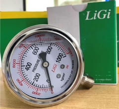 Đồng hồ đo áp suất có dầu mặt 100 (mm) chân đứng LIGI gồm các dải đo ( 0-1) đến ( 0-400) kg/cm2