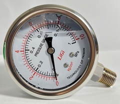 Đồng hồ đo áp suất có dầu mặt 100 (mm) chân đứng LIGI gồm các dải đo ( 0-1) đến ( 0-400) kg/cm2