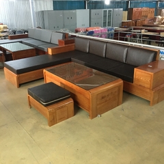 Bàn ghế gỗ Sofa da góc tay 1 ngăn kéo