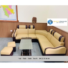 Sofa góc da kem sọc nâu tay sóng