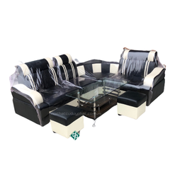 Sofa góc da tím than sọc trắng