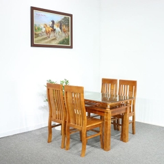 Bàn ăn gỗ Sồi chữ nhật 2 tầng 4 ghế màu cánh gián