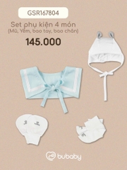 BU -  Set phụ kiện 4 món Mũ, Yếm, bao tay, bao chân  - Trắng - Mint - 1-3M - SS25.T5C