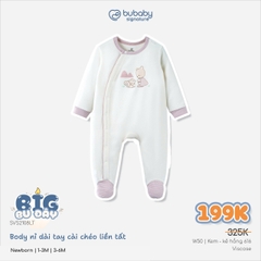 BU ĐÂY - Body nỉ dài tay cài chéo liền tất | Newborn | Kem - kẻ hồng 616