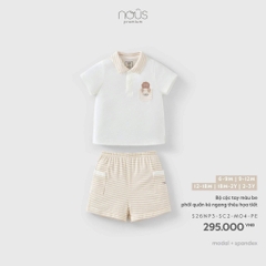 NOUS - Bộ cộc tay màu be phối quần kẻ ngang thêu họa tiết 18M - SS26.T7A
