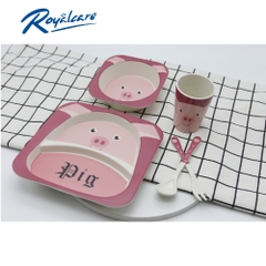 Set ăn dặm 5 món cho bé chất liệu sợi tre Bamboo an toàn, hình lợn hồng 17006