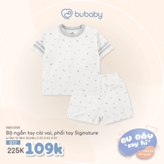 BU ĐÂY - Bộ ngắn tay cài vai, phối tay Signature - Trắng in Bubaby ghi - 6-12M
