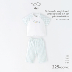 NOUS S30 - Bộ áo quần lửng kẻ xanh phối áo trắng in 4 con gấu ôm chữ NOUS S30 - con gấu ôm chữ NOUS S30 - 2-3Y