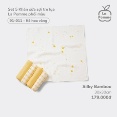 LP - K001 Set 5 Khăn sữa sợi tre lụa La Pomme phối màu (30x30cm) - Kẻ hoa vàng - SS24_T1A