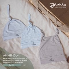 BU - Set 25 - Mũ nút thắt Free size.Nâu sữa | Mũ nút thắt 0 - 3M.kẻ blue nhạt | Mũ nút thắt Free size.Ghi - MIX|Mix màu - Mix chất liệu - Mix size - AMM1900L4 - SS24.T3A