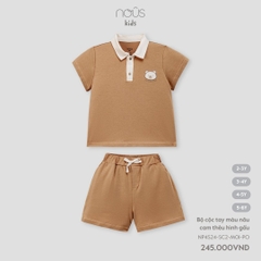 NOUS - Bộ cộc tay màu nâu cam thêu hình gấu