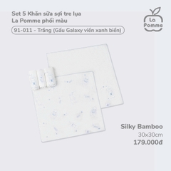 LP - Set 5 Khăn sữa sợi tre lụa La Pomme phối màu (30x30cm) - Trắng (Gấu Galaxy viền xanh biển) - SS24.T8B