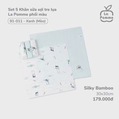 LP - Set 5 Khăn sữa sợi tre lụa La Pomme phối màu (30x30cm) - Xanh (Mèo) - SS24.T8B