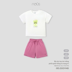 NOUS - Bộ cộc tay áo trắng phối quần hồng in trang trí - Nu Petit - 3Y - SS24.T9A - Bộ cộc tay áo trắng phối quần hồng in trang trí - n hồng in trang trí - 3-4Y