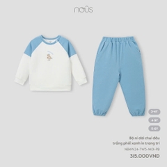 NOUS - Bộ nỉ dài chui đầu trắng phối xanh in trang trí - Nu Doux - SS24.T10A