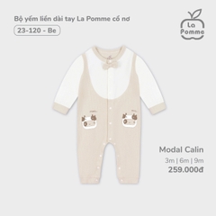 LP S20 - Bộ yếm liền dài tay La Pomme cổ nơ - Be - 6-9M - SS24.T10B