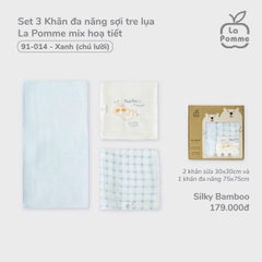 LP - Set 3 Khăn đa năng sợi tre lụa La Pomme mix hoạ tiết - Xanh (Chú lười) - SS24.T11A