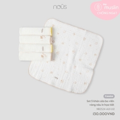 NOUS S15 - Set 5 khăn sữa bo viền vàng nâu in họa tiết - SS25.T5B