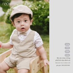 NOUS NP25 - Bộ cộc màu trắng phối kẻ nâu đính nơ - 9M - SS25.T6B