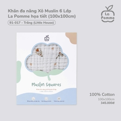 LP - Khăn đa năng Xô Muslin 6 Lớp La Pomme họa tiết (100x100cm) - Trắng (Little House) - SS25.T2A