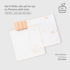 LP - K001 Set 5 Khăn sữa sợi tre lụa La Pomme phối màu (30x30cm) -  Cam (hai chú mèo) - SS25.T7B