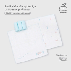 LP - K001 Set 5 Khăn sữa sợi tre lụa La Pomme phối màu (30x30cm) -  Xanh (thỏ kéo xe) - SS25.T7B