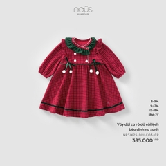 NOUS S10 - Váy dài ca rô đỏ cài lệch bèo đính nơ xanh - 6-9M - SS25.XMAS