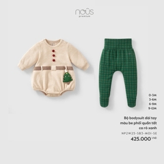 NOUS S10 - Bộ body chip dài tay màu be phối quần tất ca rô xanh - 6-9M - SS25.XMAS
