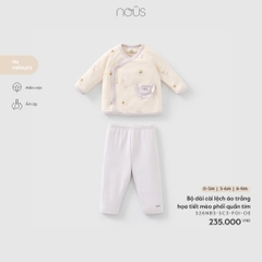 NOUS - Bộ dài cài lệch áo trắng họa tiết mèo phối quần tím - 0-3M - SS26.T1A