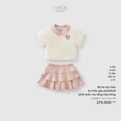 NOUS - Bộ áo cộc màu be thêu gấu pickleball phối chân váy tầng màu hồng - 2-3Y - SS26.T3B