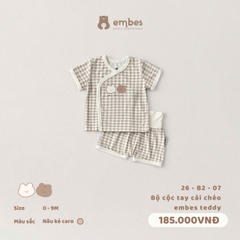 EMBES - Bộ cộc tay cài chéo embes teddy - 26-B2-07 - Nâu kẻ caro - 0-3M - SS26.T4B