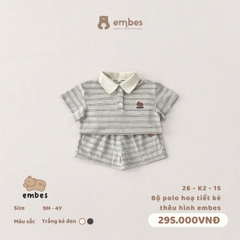 EMBES - Bộ polo hoạ tiết kẻ thêu hình embes - 26-K2-15 - Trắng kẻ đen - 9-12M - SS26.T4E