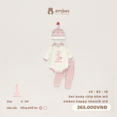 EMBES - Set body chip kèm mũ embes happy 1month old - 26-B2-18 - Hồng Be - 0-3M - SS26.T5B