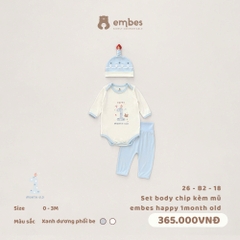 EMBES - Set body chip kèm mũ embes happy 1month old - 26-B2-18 - Xanh be - 0-3M - SS26.T5B
