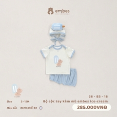EMBES - Bộ cộc tay kèm mũ embes ice cream - 26-B3-16 - Xanh Be - 3-6M - SS26.T5C