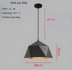 CHAO ĐÈN THẢ ĐƠN HÌNH LỤC GIÁC VỎ ĐEN LÒNG VÀNG - BÓNG E27*1 - M: LS -38