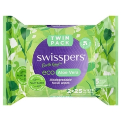 Khăn ướt lau mặt Swisspers Eco Aloe Vera Biodegradable Facial Wipes Twin Pack