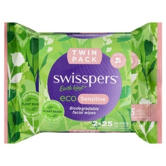 Khăn ướt lau mặt cho da nhạy cảm Swisspers Eco Sensitive Biodegradable Facial Wipes Twin Pack