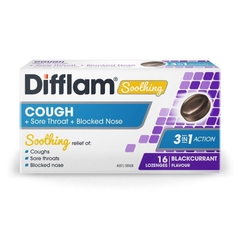 Viên ngậm giảm ho, đau họng, nghẹt mũi Difflam Soothing Cough + Sore Throat + Blocked Nose Blackcurrant