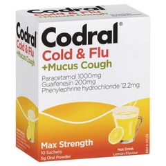 Bột pha uống nóng giảm cảm cúm và ho có đờm Codral Cold & Flu + Mucus Cough Max Strength Hot Drink Oral Powder Lemon