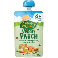 Thức ăn dặm dạng túi cho bé từ 6 tháng Raffertys Garden Veggie Patch Spinach Sweet Potato Carrot & Corn Baby Food Pouch 6 Months