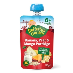Cháo ăn dặm dạng túi Raffertys Garden Banana Pear & Mango Porridge Baby Food Pouch 6+ Months