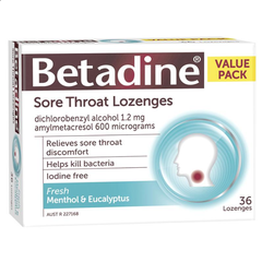 Viên ngậm trị đau họng Betadine Sore Throat Menthol and Eucalyptus Lozenges 36 viên