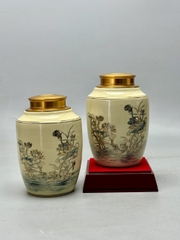 Hộp đựng trà hoa sen cao 18cm gốm Chu Đậu vẽ vàng