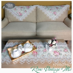 COMBO (Khăn phủ Sofa, trải bàn trà) hoa hồng vân lụa đẹp đồng bộ VƯỜN XƯA