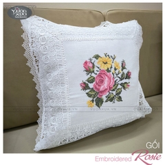 Vỏ gối tựa lưng sofa VƯỜN XƯA thêu Hoa Hồng Rosie điểm xuyết Hoa Cỏ Vàng KBR-4545