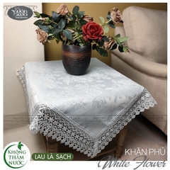 Khăn trải bàn góc, tab vuông màu trắng hoa chìm, CHỐNG NƯỚC, CHỐNG THẤM