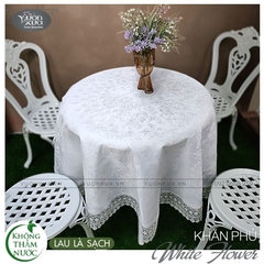 Khăn trải bàn tròn màu trắng, vân hoa chìm, KHĂN CHỐNG NƯỚC CHỐNG THẤM, KBWF-T