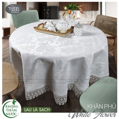 Khăn trải bàn tròn màu trắng, vân hoa chìm, KHĂN CHỐNG NƯỚC CHỐNG THẤM, KBWF-T